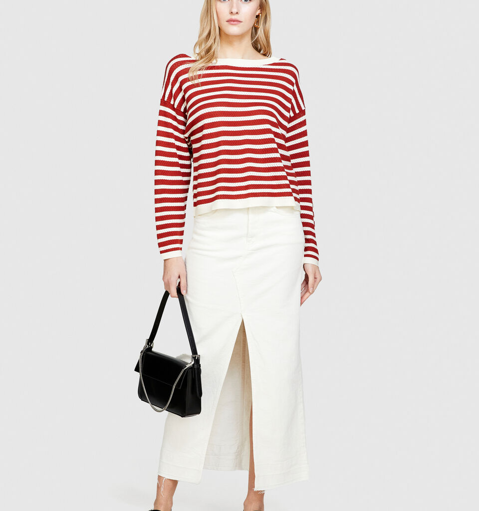 Sweater with two-tone stripes - women's boat neck sweaters - Red | Sisley image number 1